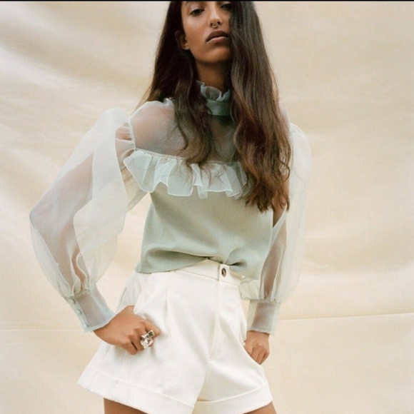 🆕ZARA | Organza Knit Top Sea Foam Green Ruffle Sheer Sweater Top Size Large - Picture 1 of 16